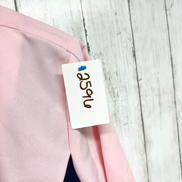 Vintage Olivia Matthews Jacket Women Size 14P Light Pink Navy Collarless Blazer - Picture 3 of 9